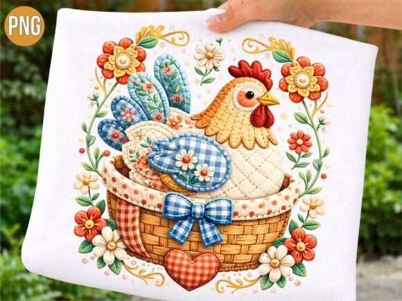 Floral Chicken Quilt in Basket PNG