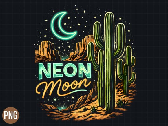 Neon Moon Desert Cactus Night PNG